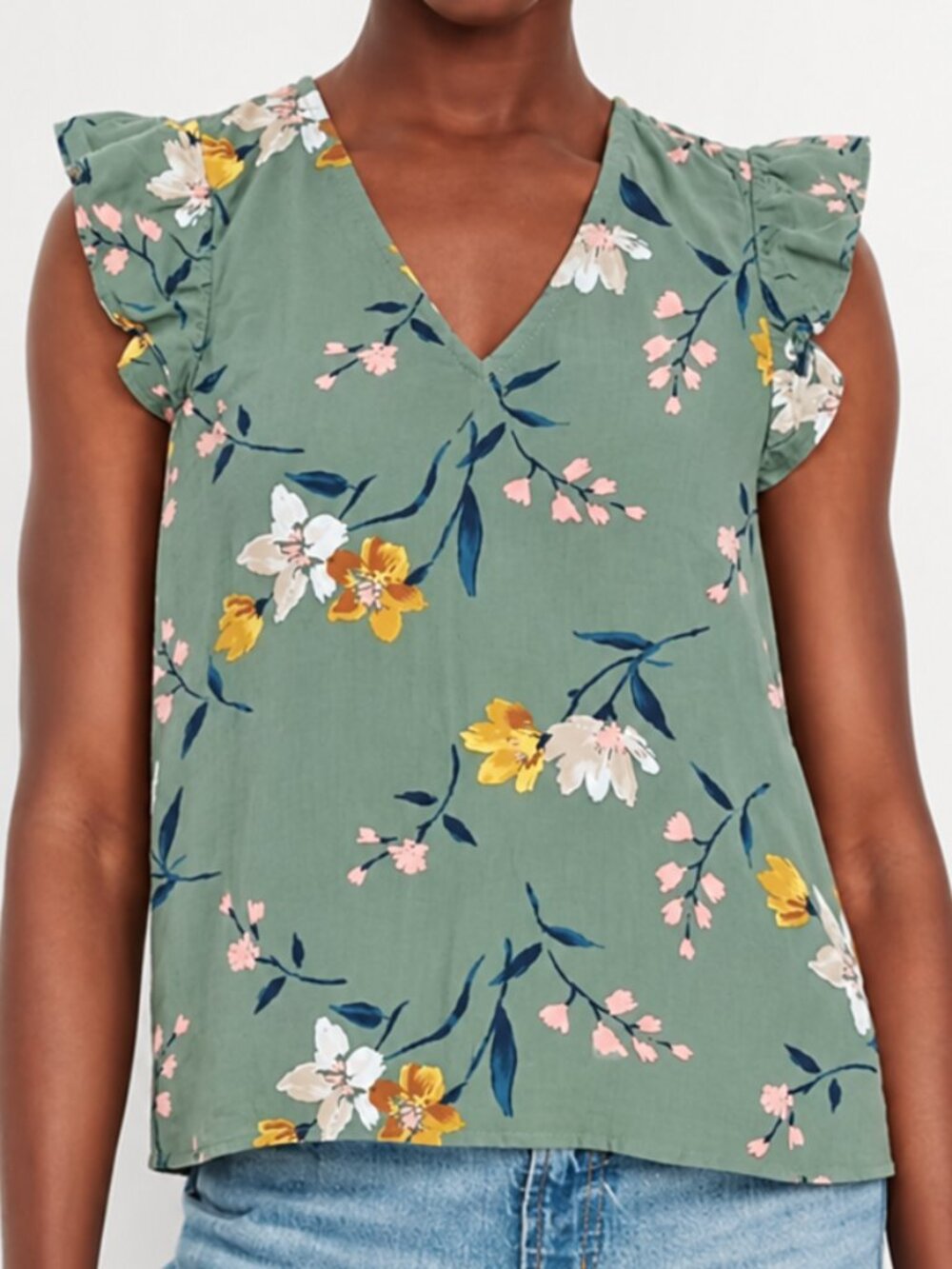 Old Navy Sage Green Floral Flutter Sleeve Blouse M